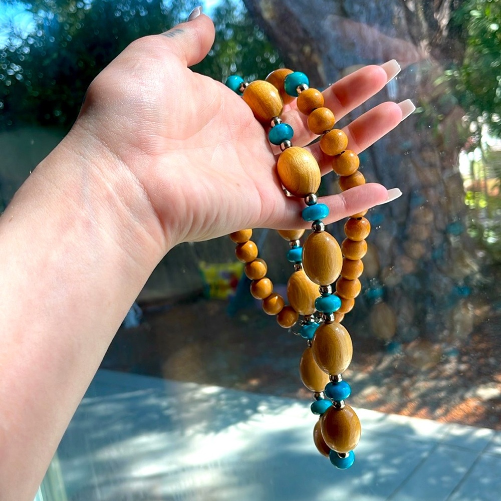 Handmade Wooden, Teal, Silver Beaded Necklace